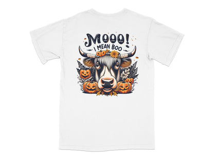 Halloween Cow T-Shirt, Funny Moo I Mean Boo Graphic Tee, Pumpkin Fall Festive Shirt, Unisex Adult Clothing