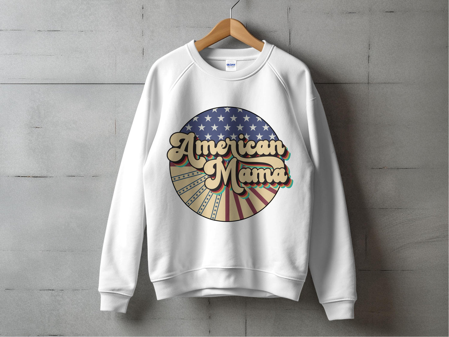American Mama Patriotic Sweatshirt, USA Flag Women's Top, Vintage Style Comfy Pullover, Casual Wear Sweatshirt for Moms