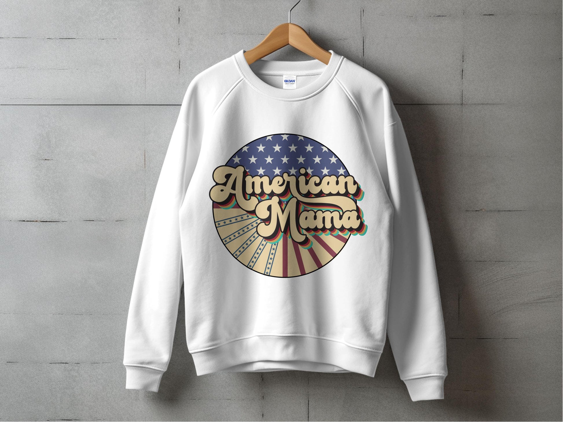American Mama Patriotic Sweatshirt, USA Flag Women's Top, Vintage Style Comfy Pullover, Casual Wear Sweatshirt for Moms