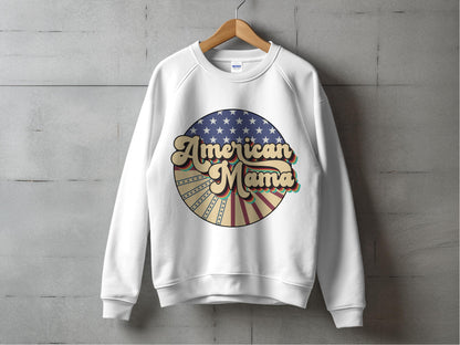 American Mama Patriotic Sweatshirt, USA Flag Women's Top, Vintage Style Comfy Pullover, Casual Wear Sweatshirt for Moms