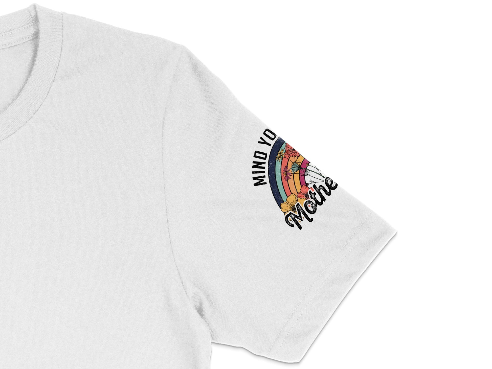 White T-shirt with Colorful Abstract Design Sleeve Print, Unisex Modern Graphic Tee, Casual Summer Fashion Top, Unique Artistic Apparel