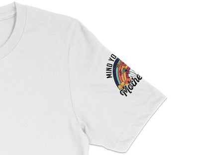 White T-shirt with Colorful Abstract Design Sleeve Print, Unisex Modern Graphic Tee, Casual Summer Fashion Top, Unique Artistic Apparel