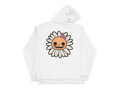 Halloween Pumpkin Flower Graphic Hoodie, Unisex White Daisy Skull Sweatshirt, Fall Spooky Apparel