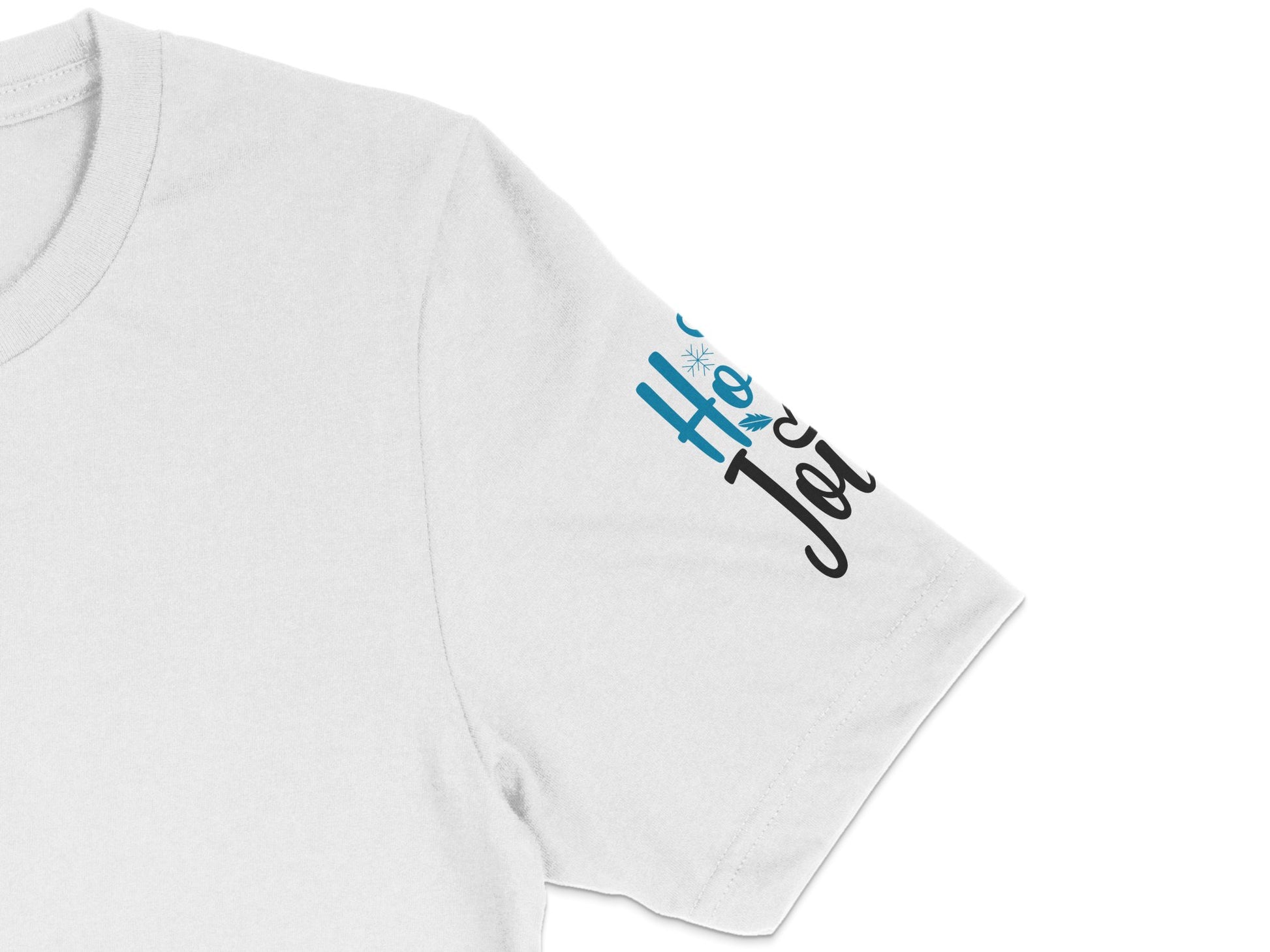 White T-Shirt with Blue 'Ho Ho Ho' Script, Festive Holiday Casual Apparel