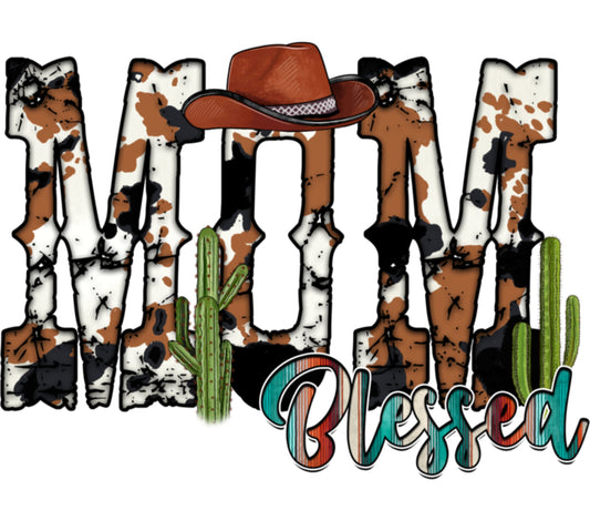 Western Mom Blessed T-Shirt Design, Cow Print, Cactus, Cowboy Hat Graphic Tee