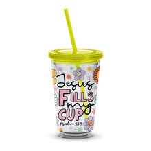 Colorful Christian Tumbler, Jesus Fills My Cup, Psalm 23:5, Floral Design, Inspirational Quote, Gift Idea