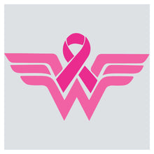 a pink ribbon with wings on a gray background