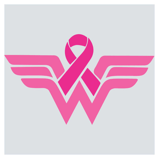 a pink ribbon with wings on a gray background