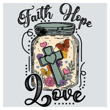 a mason jar with a cross on it that says faith hope love