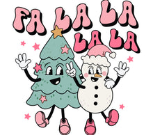 Fa La La La Christmas Tree and Snowman Cute Holiday Graphic T-Shirt Design, Festive Cartoon Characters