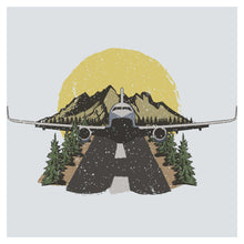 a drawing of an airplane on a runway with mountains in the background
