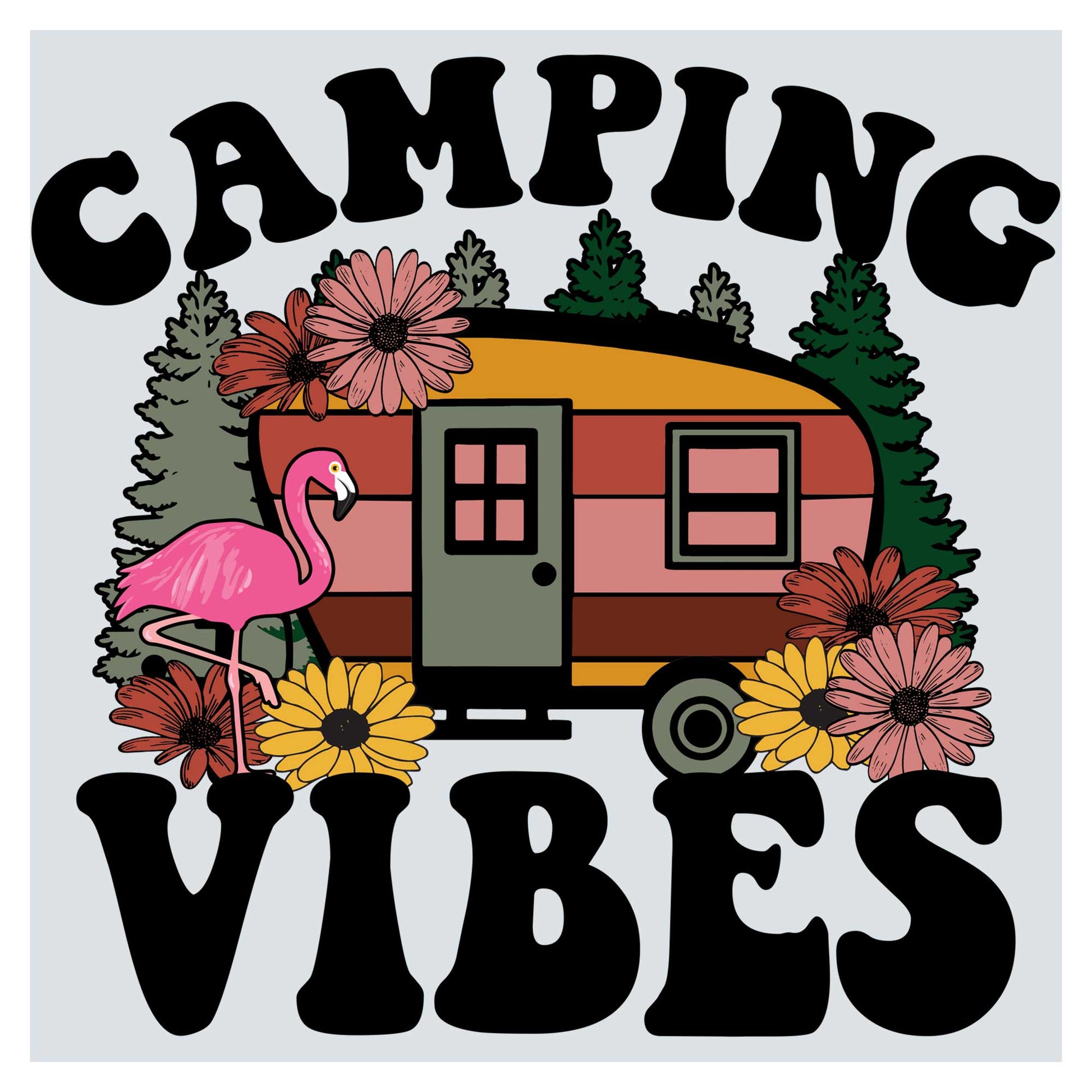 a pink flamingo is standing in front of a camper