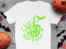 Halloween Themed T-Shirt with Skeleton, Pumpkin, and Bat Graphics, Festive Fall Apparel