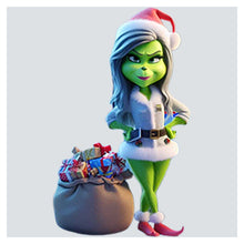 a woman in a santa hat next to a bag of presents