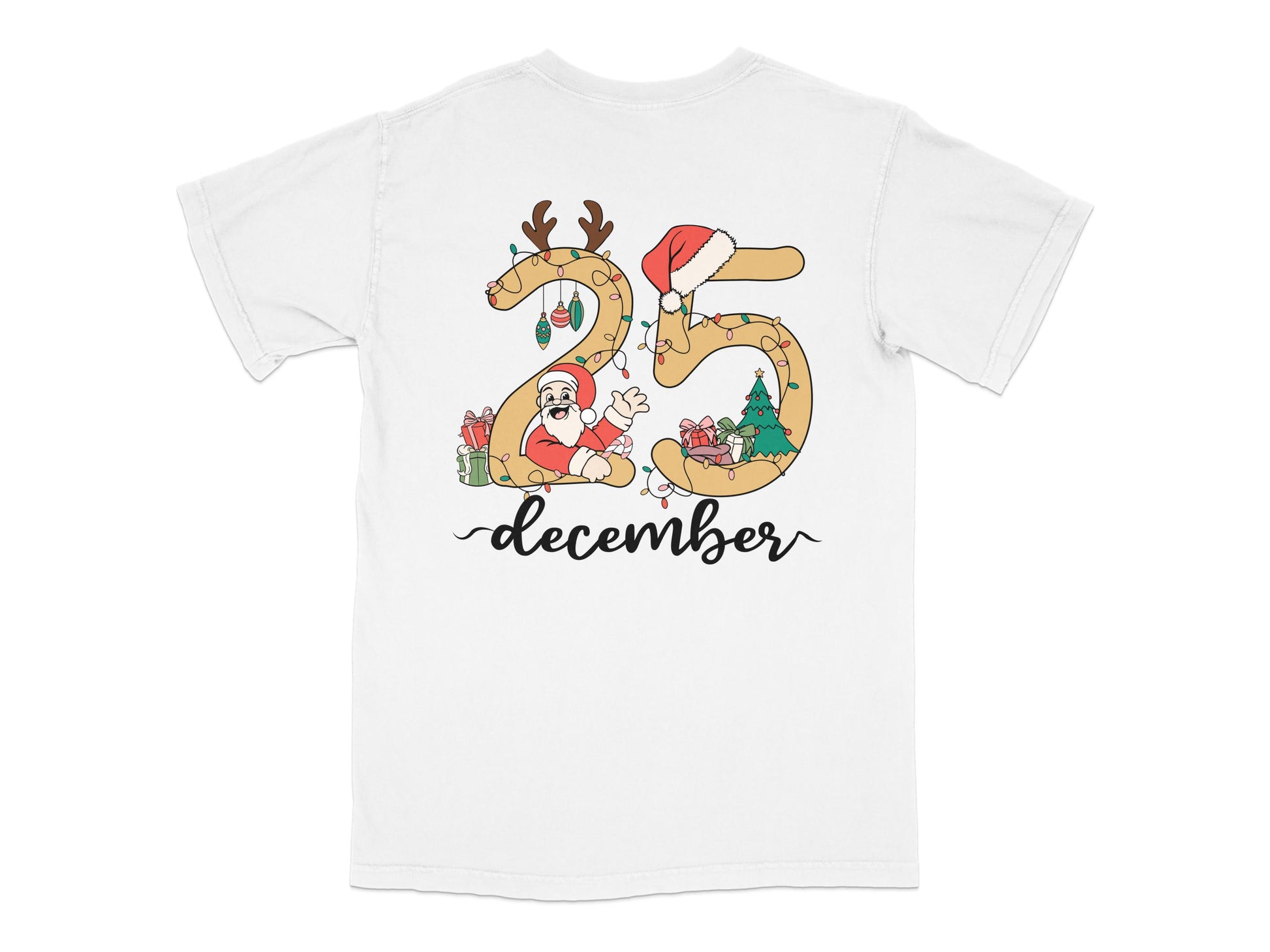 December Santa and Reindeer Graphic T-Shirt, Fun Christmas Holiday Tee, Unisex White Casual Shirt