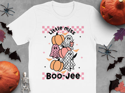 Little Miss Boo-Jee T-Shirt, Halloween Ghost Pumpkin Cute Graphic Tee, Women's Spooky Season Fashion, Fall Ghostly Apparel