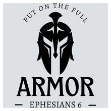 a black and white logo with the words, put on the full armor ephes