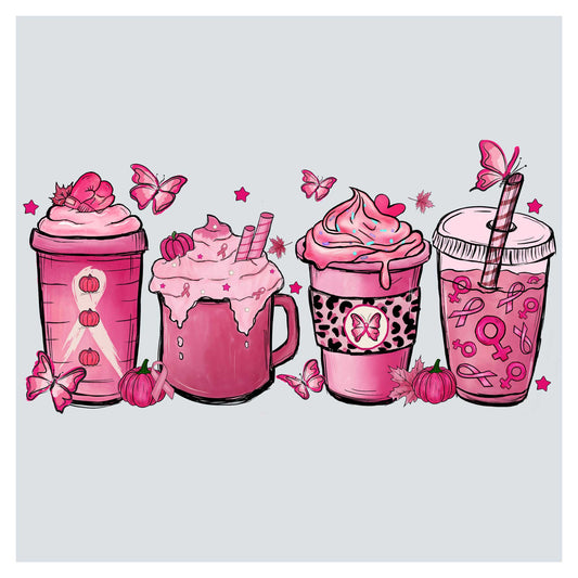 a group of pink cups filled with different types of drinks
