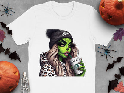Halloween Witch Graphic T-Shirt, Trendy Witch Drinking Coffee Design, Urban Witch Tee, Spooky Season Apparel, Unique October Fashion