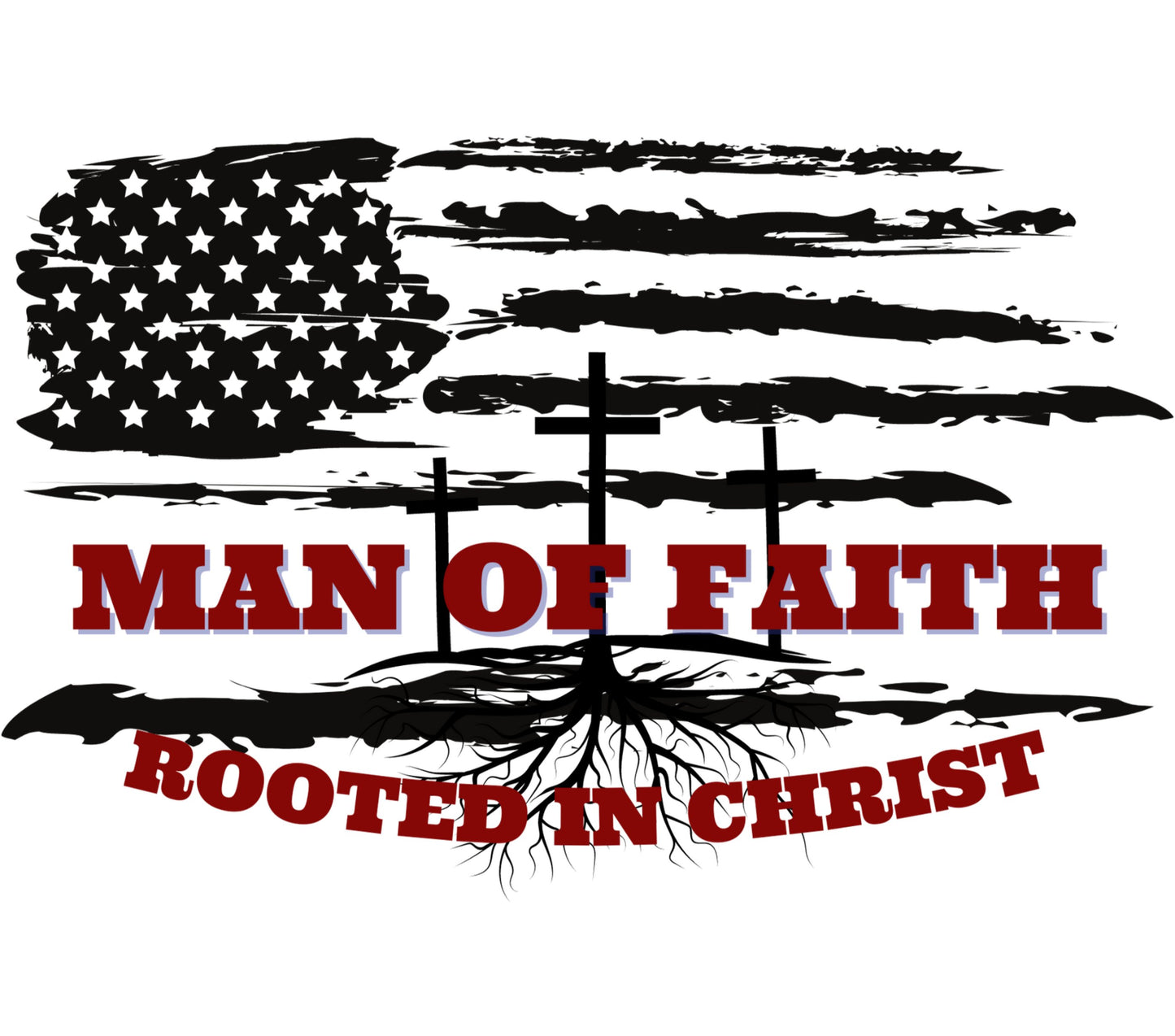 Man of Faith Rooted in Christ American Flag Patriotic Christian T-Shirt Design Graphic Print