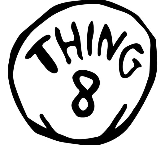 Thing 8 Black and White Badge Design, Minimalist Art Illustration, Creative Simple Round Logo, Unique Decorative Graphic for Stickers and