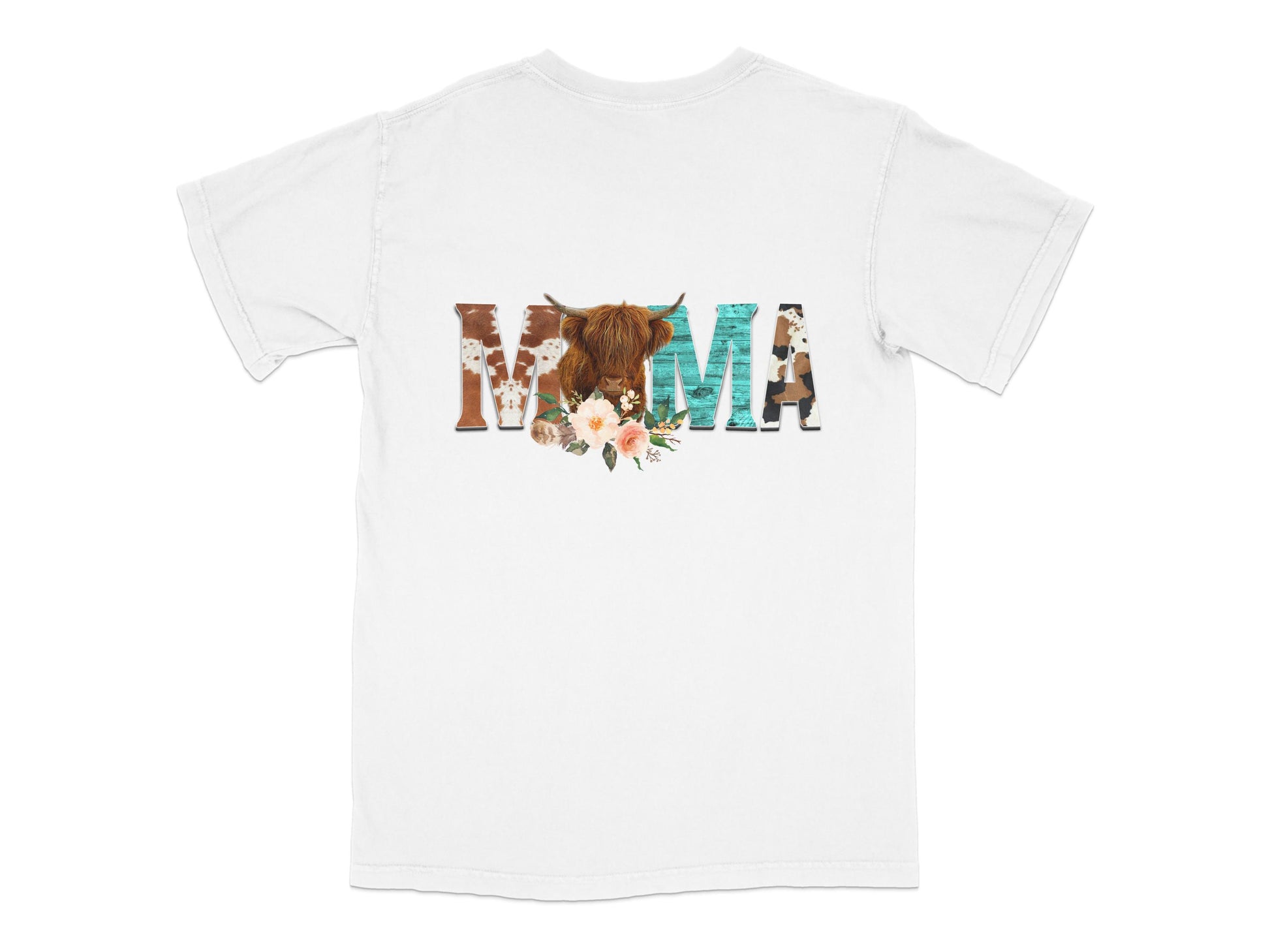 Mama Highland Cow Print T-Shirt, Floral Boho Chic Animal Graphic Tee, Gift for Moms, White Cotton Shirt