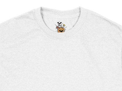 Grey T-Shirt with Cute Cartoon Dog and Pumpkin Graphic, Halloween Casual Wear for All Ages