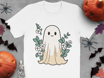 Cute Ghost T-Shirt with Floral Design, Halloween Casual Wear for All Ages, Unisex Ghost Tee