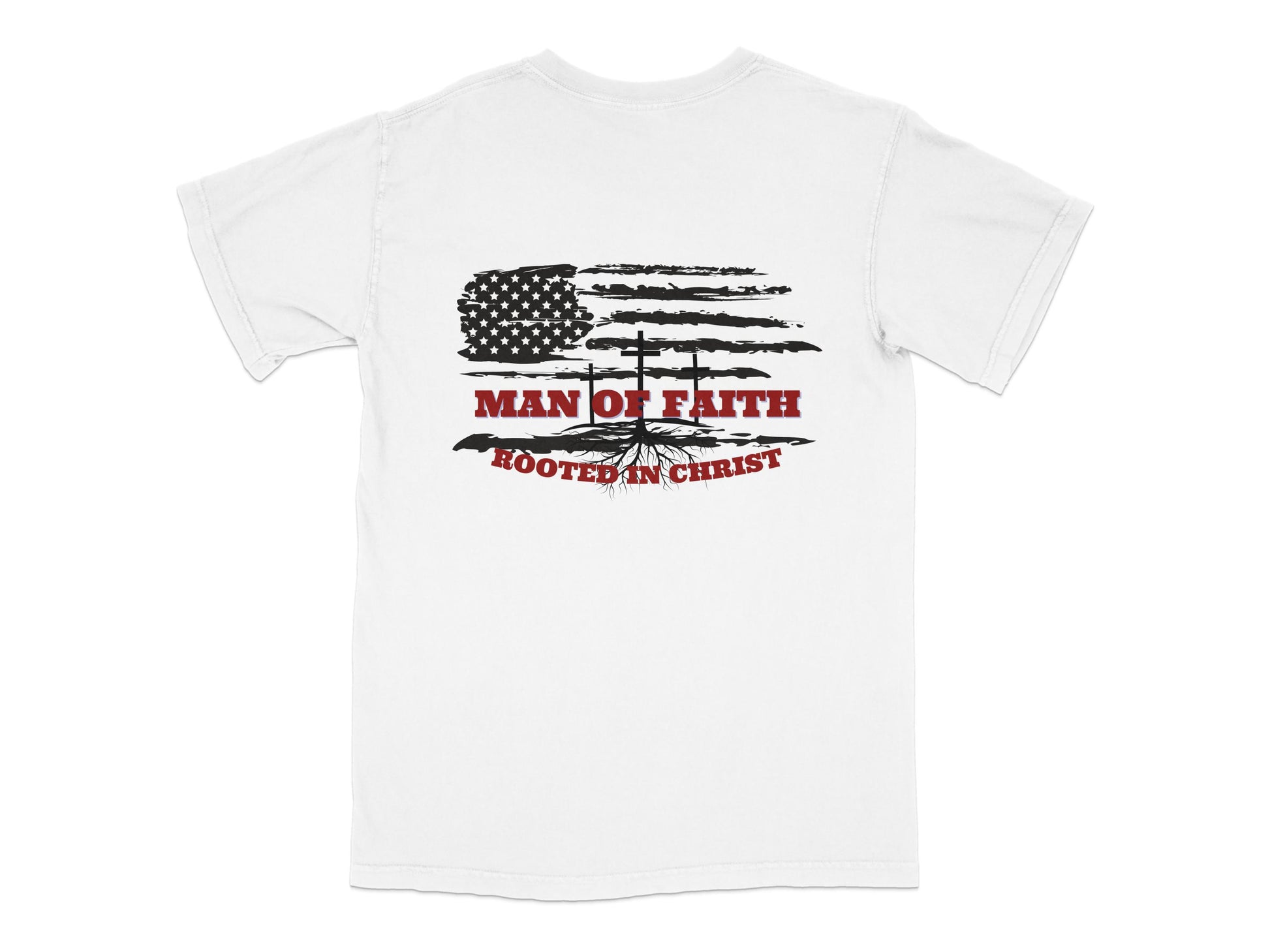 Man of Faith Rooted in Christ T-Shirt, Christian Graphic Tee, Patriotic Cross and Flag Design, Inspirational White Shirt