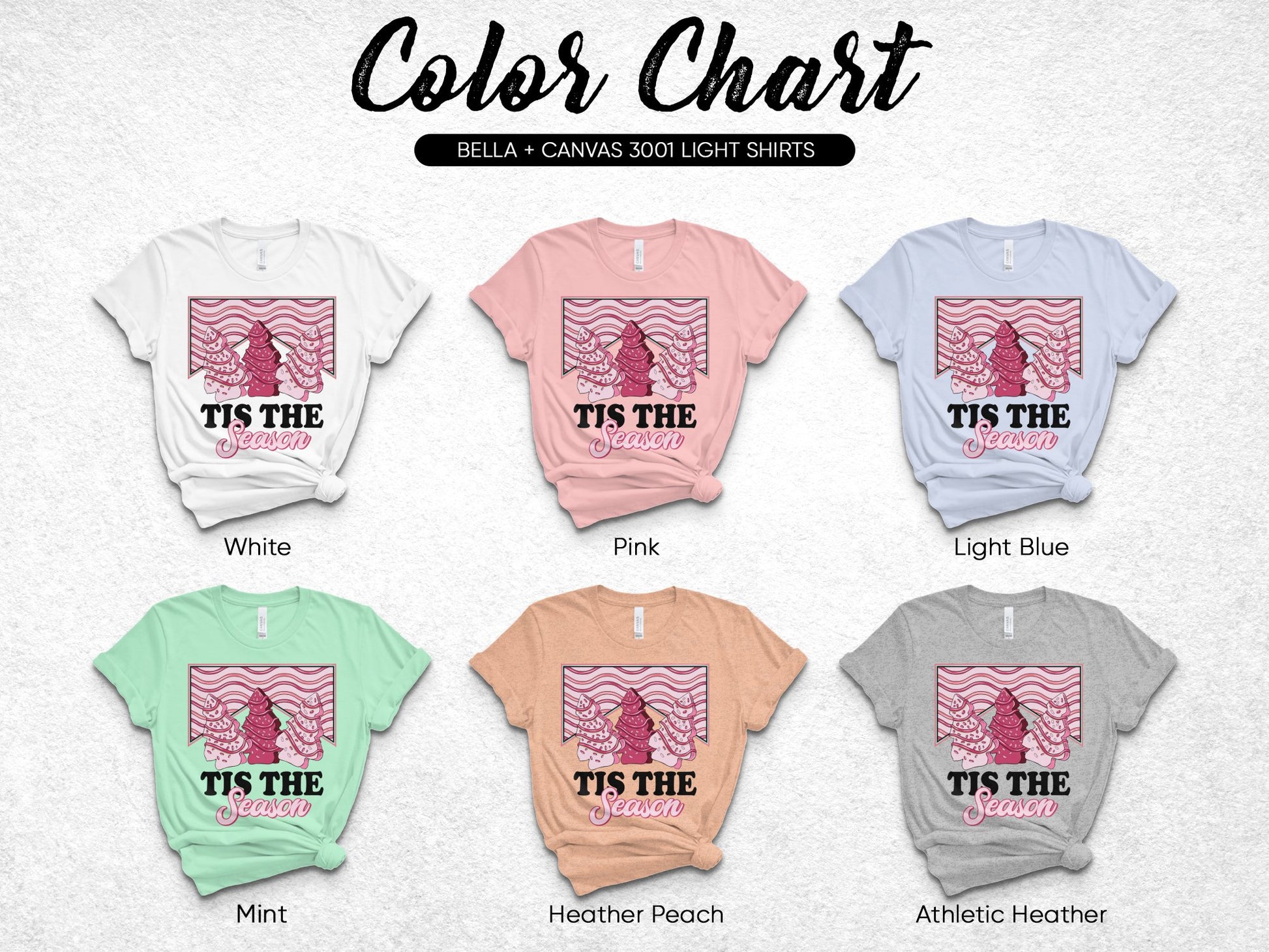Bella Canvas 3001 T-Shirts, Color Chart, Graphic Tee, Multiple Colors, Holiday Design, Unisex Sizes