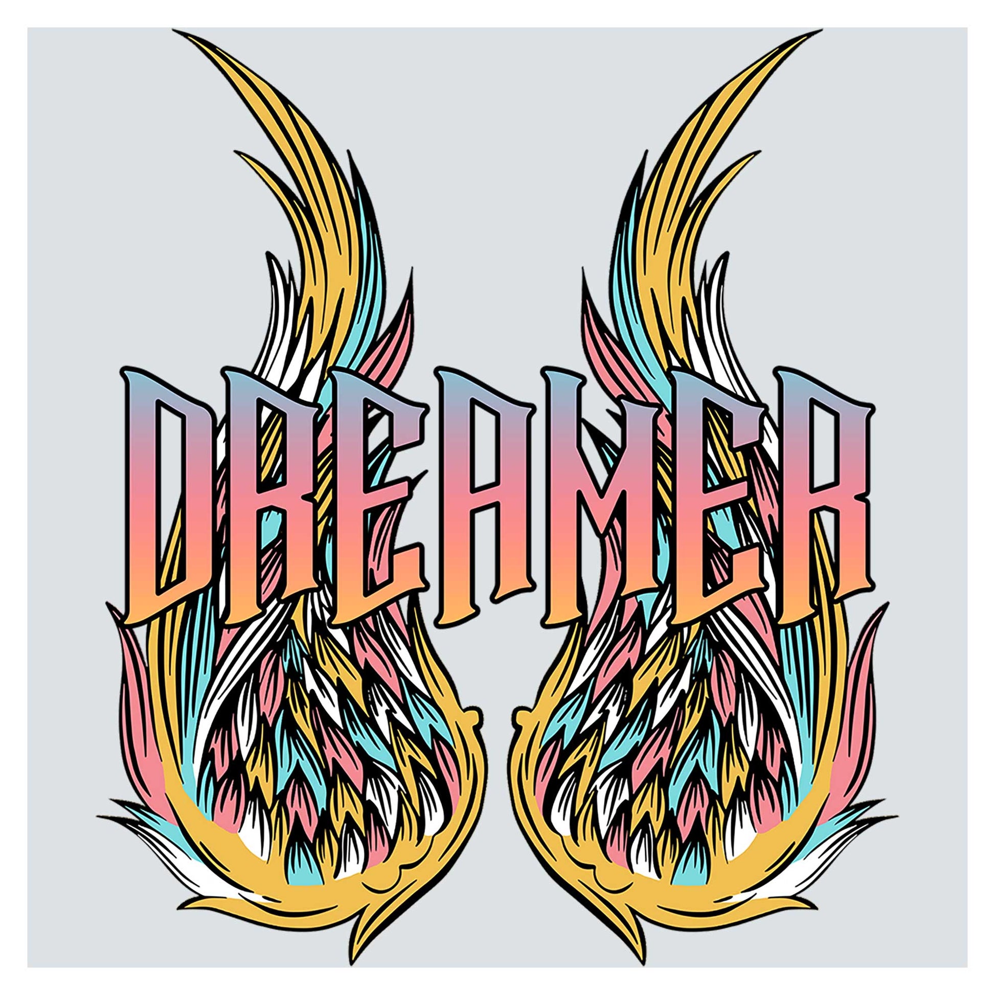 a pair of wings with the word dream on it
