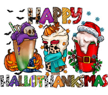 Happy Hallowthanksmas Coffee Cups Stickers, Festive Holiday Seasonal Decor, Halloween, Thanksgiving, Christmas, Fun Graphic Decals