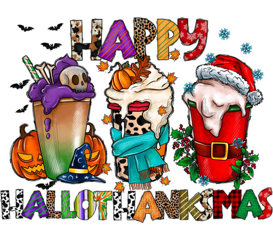 Happy Hallowthanksmas Coffee Cups Stickers, Festive Holiday Seasonal Decor, Halloween, Thanksgiving, Christmas, Fun Graphic Decals