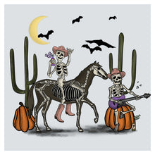 a skeleton riding a horse next to a skeleton on a pumpkin