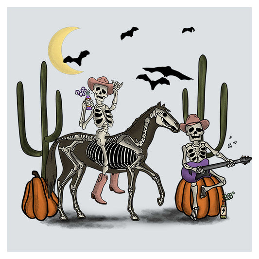 a skeleton riding a horse next to a skeleton on a pumpkin