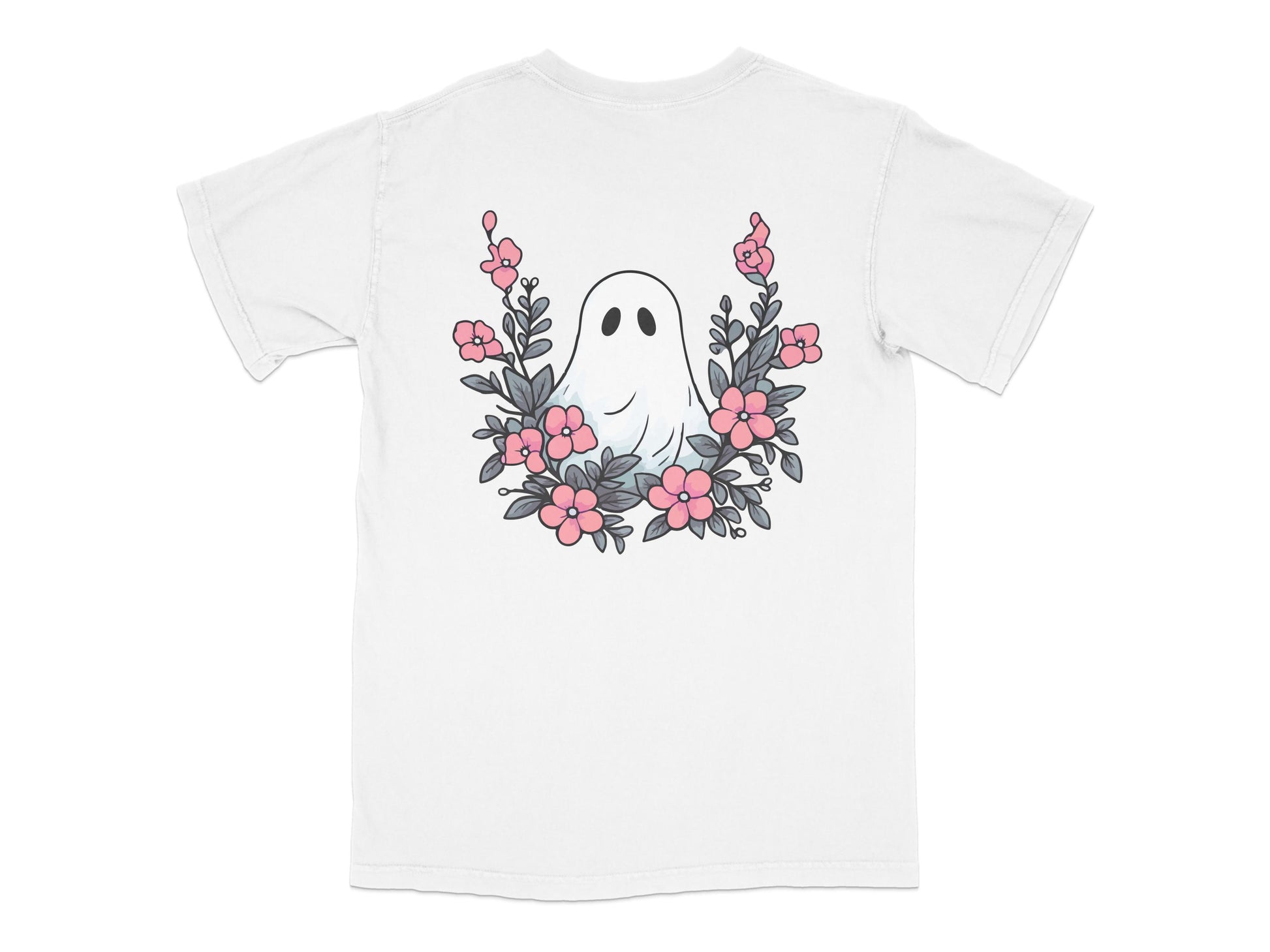 Cute Ghost Graphic T-Shirt, Floral Pattern, Unisex White Tee, Casual Summer Outfit, Unique Ghost Illustration Shirt