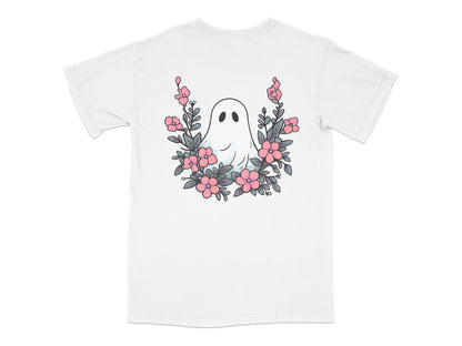 Cute Ghost Graphic T-Shirt, Floral Pattern, Unisex White Tee, Casual Summer Outfit, Unique Ghost Illustration Shirt