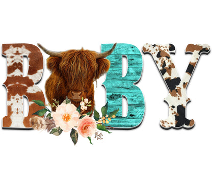 Rustic Farmhouse Decor, Highland Cow and Dalmatian Print, Wooden Baby Letters for Nursery Wall Art