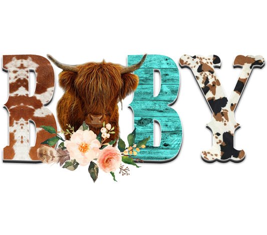 Rustic Farmhouse Decor, Highland Cow and Dalmatian Print, Wooden Baby Letters for Nursery Wall Art