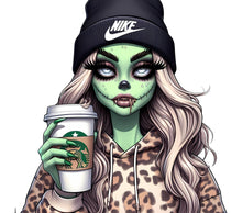 Zombie Girl Holding Coffee Cup, Nike Beanie, Leopard Print Jacket, Green Skin, Fashion Illustration Art Print