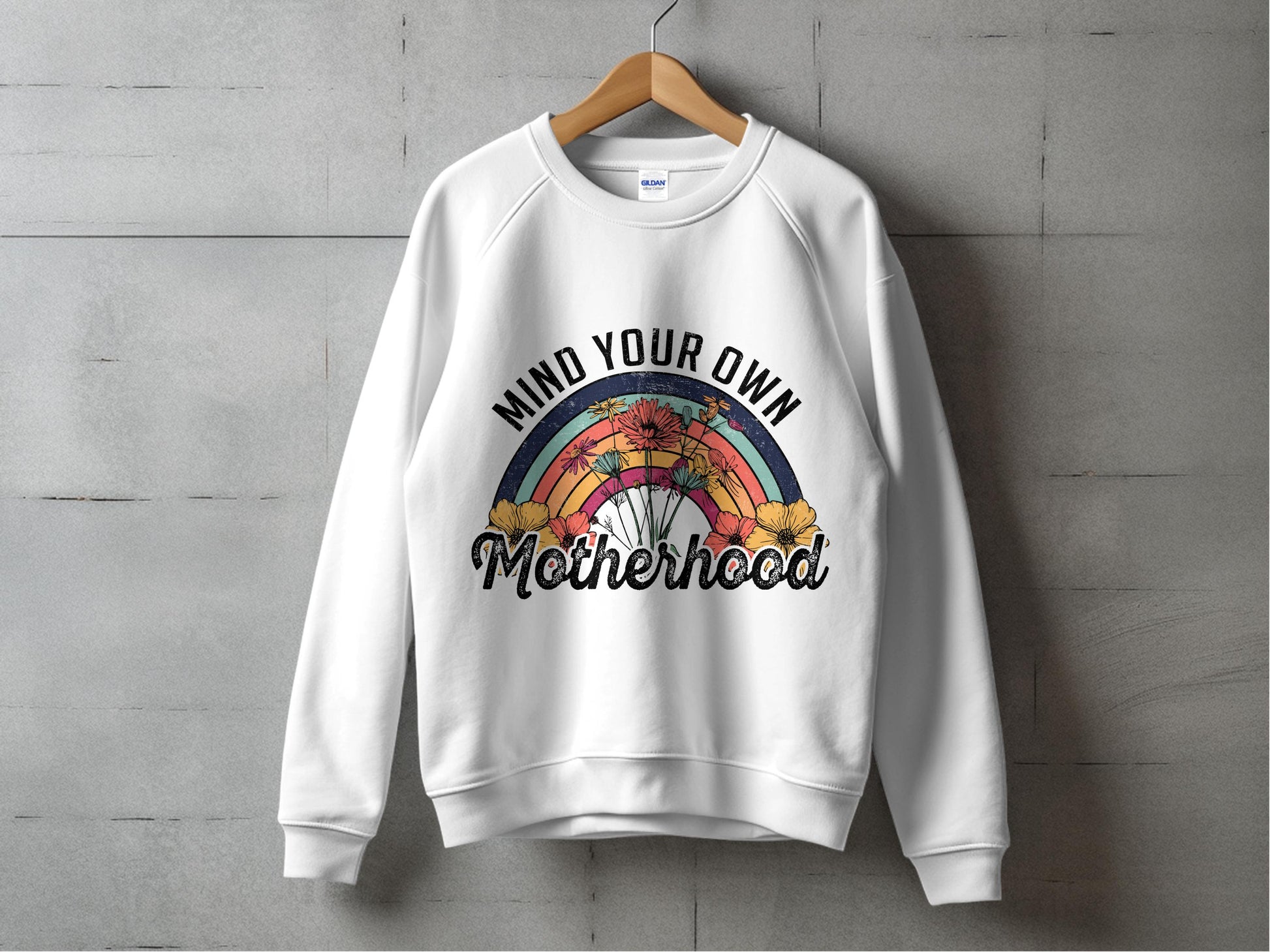Mind Your Own Motherhood Rainbow Graphic Sweatshirt, Women's White Pullover, Mom Life Cozy Casual Top