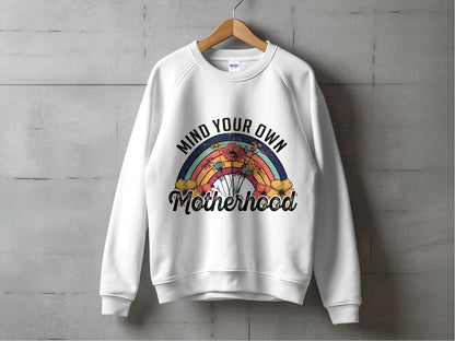 Mind Your Own Motherhood Rainbow Graphic Sweatshirt, Women's White Pullover, Mom Life Cozy Casual Top