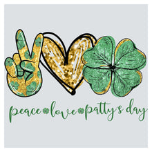 peace love patty's day with four leaf clovers