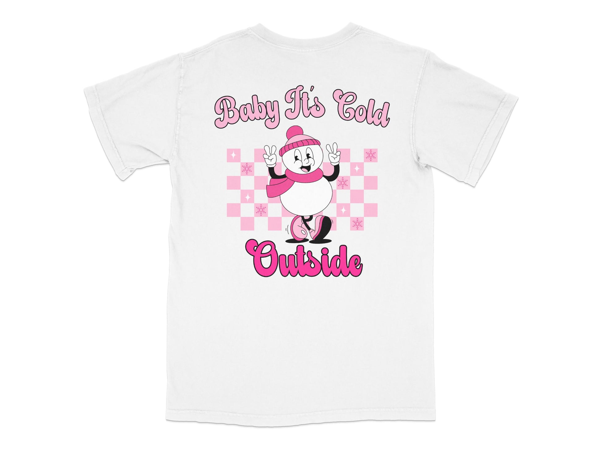 Baby It's Cold Outside T-Shirt, Cute Cartoon Penguin Graphic, Pink Checkerboard, Cozy Winter Tee