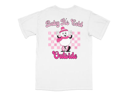 Baby It's Cold Outside T-Shirt, Cute Cartoon Penguin Graphic, Pink Checkerboard, Cozy Winter Tee