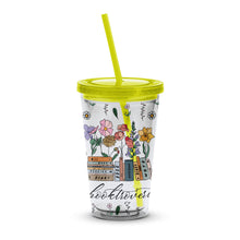 Floral and Books Tumbler, Colorful Insulated Cup with Straw, Unique Illustrated Travel Mug, Gift Idea