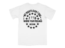 1776 Rights and Feelings Quote T-Shirt, Patriotic Stars Graphic Tee, Unisex White Cotton Shirt