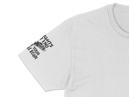 Men's White Graphic T-Shirt with Black Text Design, Casual Streetwear, Fashionable Summer Tee