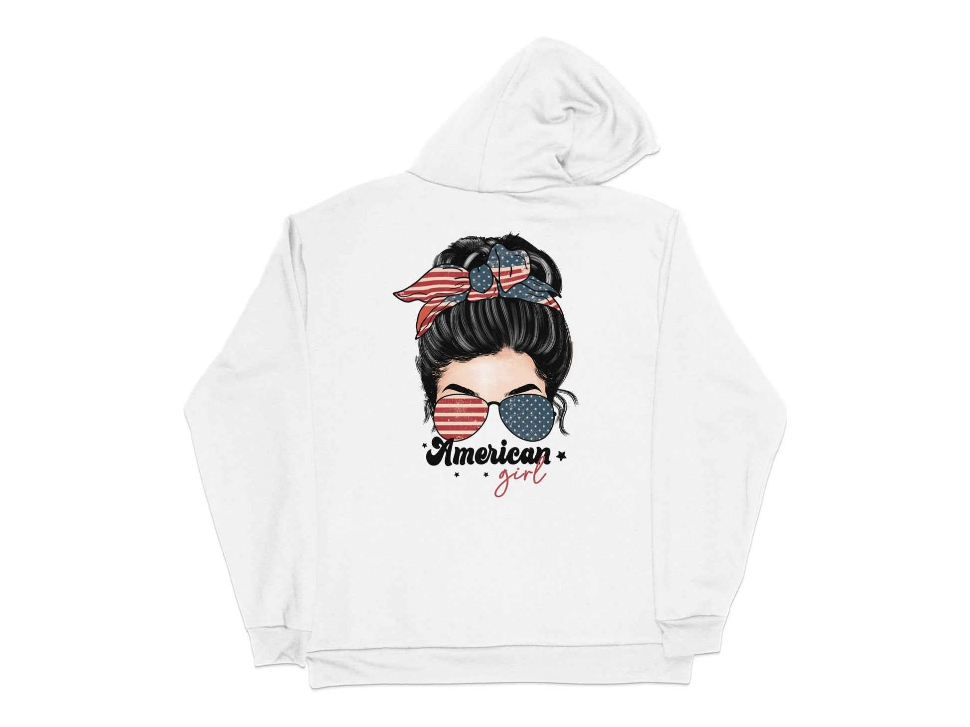 American Girl Graphic Hoodie, Patriotic Woman Design, Red White Blue Casual Sweatshirt, Trendy Fall Fashion Top, Unique Gift Idea