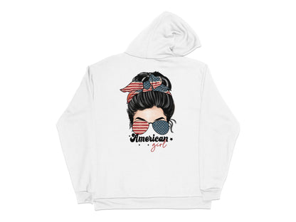 American Girl Graphic Hoodie, Patriotic Woman Design, Red White Blue Casual Sweatshirt, Trendy Fall Fashion Top, Unique Gift Idea